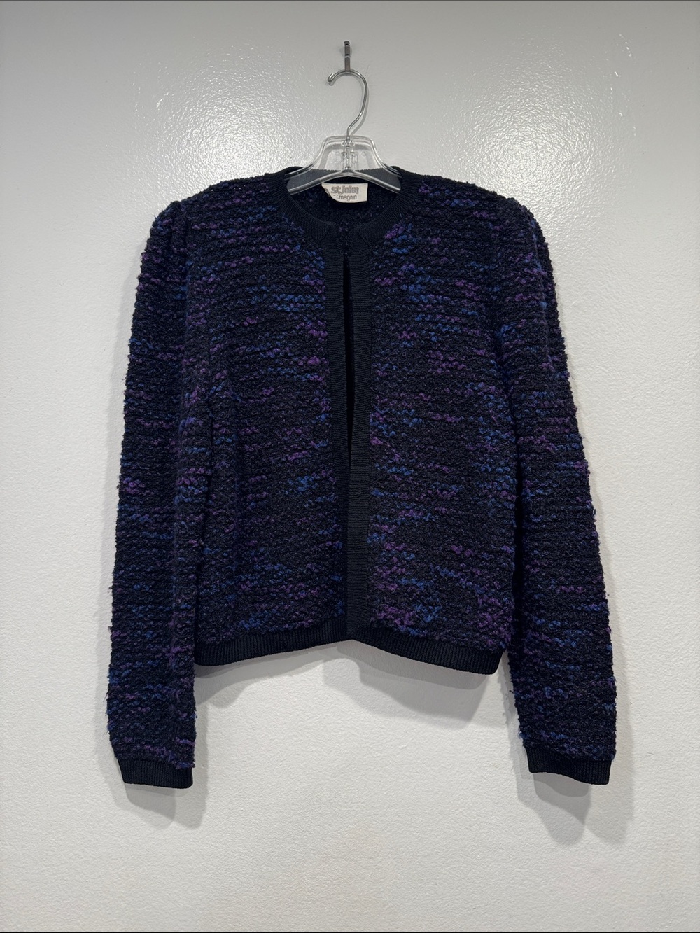 St. John I Magnin Black Purple Blue Boucle Cardigan Textured Classic Work READ